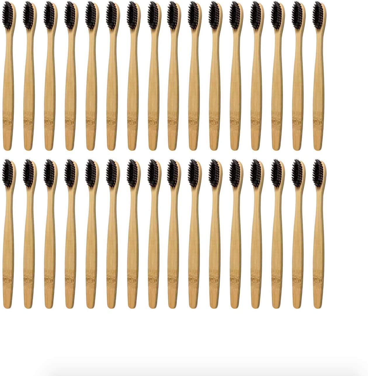 Confezione da 32 spazzolini da denti neri in bambù con setole naturali e infuse di carbone sbiancanti, senza BPA, biodegradabili, setole senza colla, sane ed ecologiche.