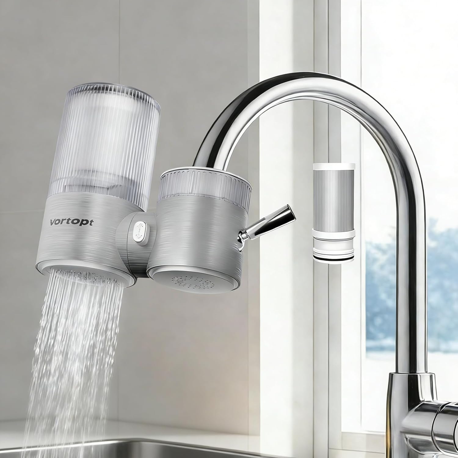 Vortopt Faucet Water Filter,360° Rotary Kitchen Faucet Filter with Carbon Block Filter,350 Gallon NSF Certified Agua Purifier,Can Reduce 99% Chlorine,Improve Taste,Drinking Water Filter,T10-Silvery.