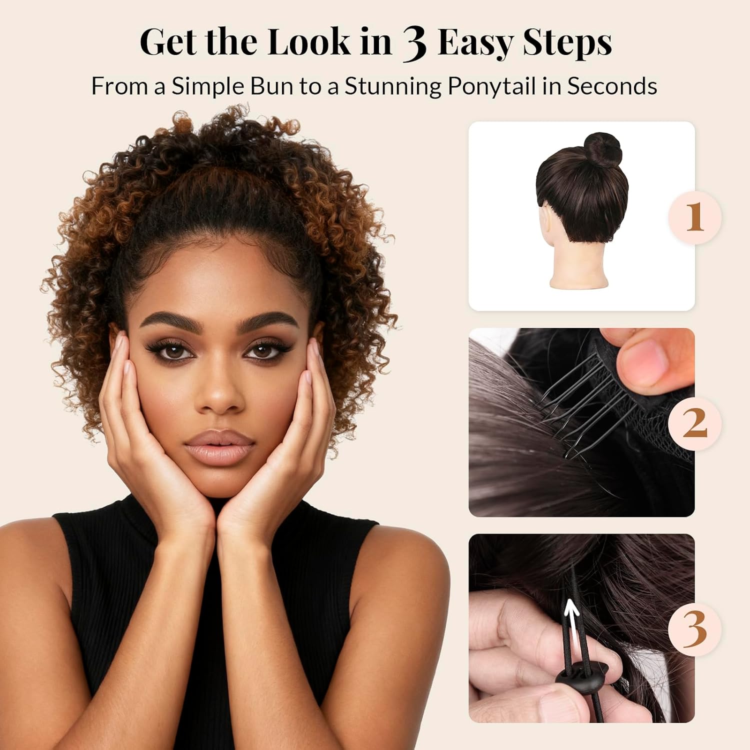 LEEONS Drawstring Ponytail Extension for Black Women, 10 Inch Afro Puff Curly Hair Piece with 4 Secure Clips, Auburn Highlights for Daily Styling (T2/30# Darkest Brown & Auburn Highlights)​