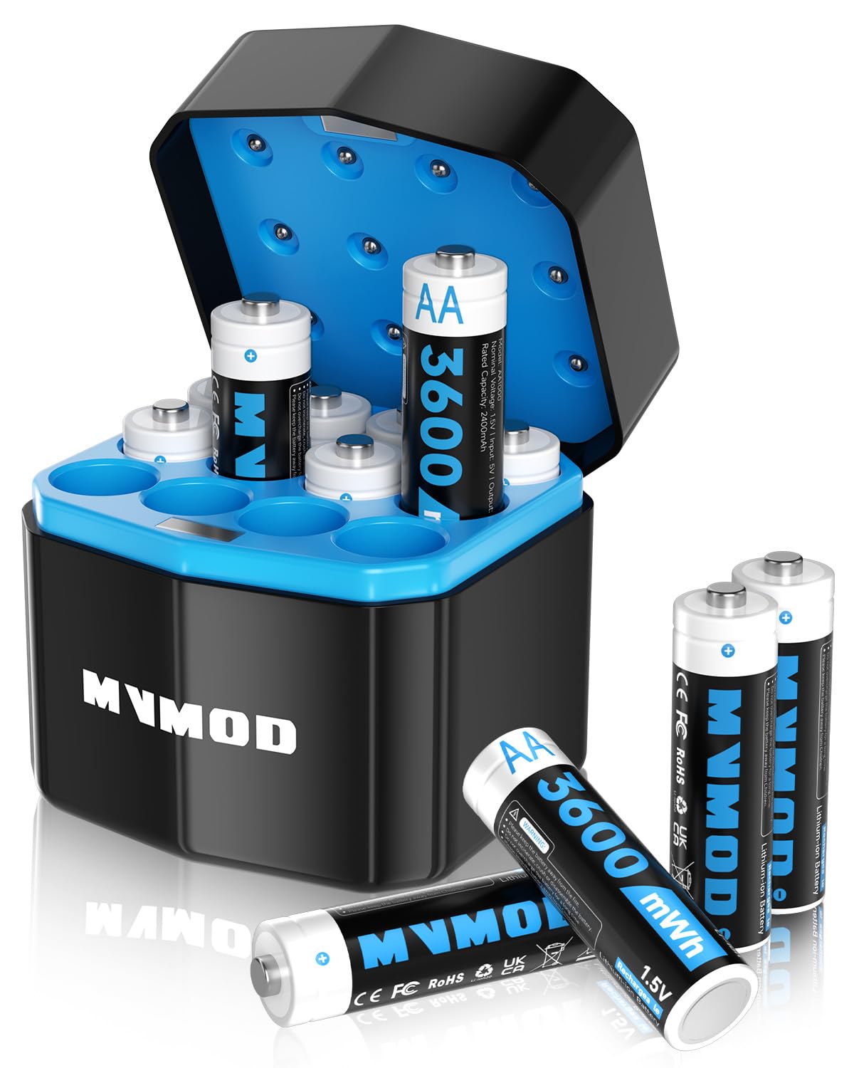 MVMOD Wiederaufladbare AA Akkus 12er-Pack mit Ladegerät, 1,5V 3600mWh AA Wiederaufladbare Lithium Batterien mit Integrierter Schnelles Aufladen Aufbewahrungsbox (2000 Zyklen) Schwarz