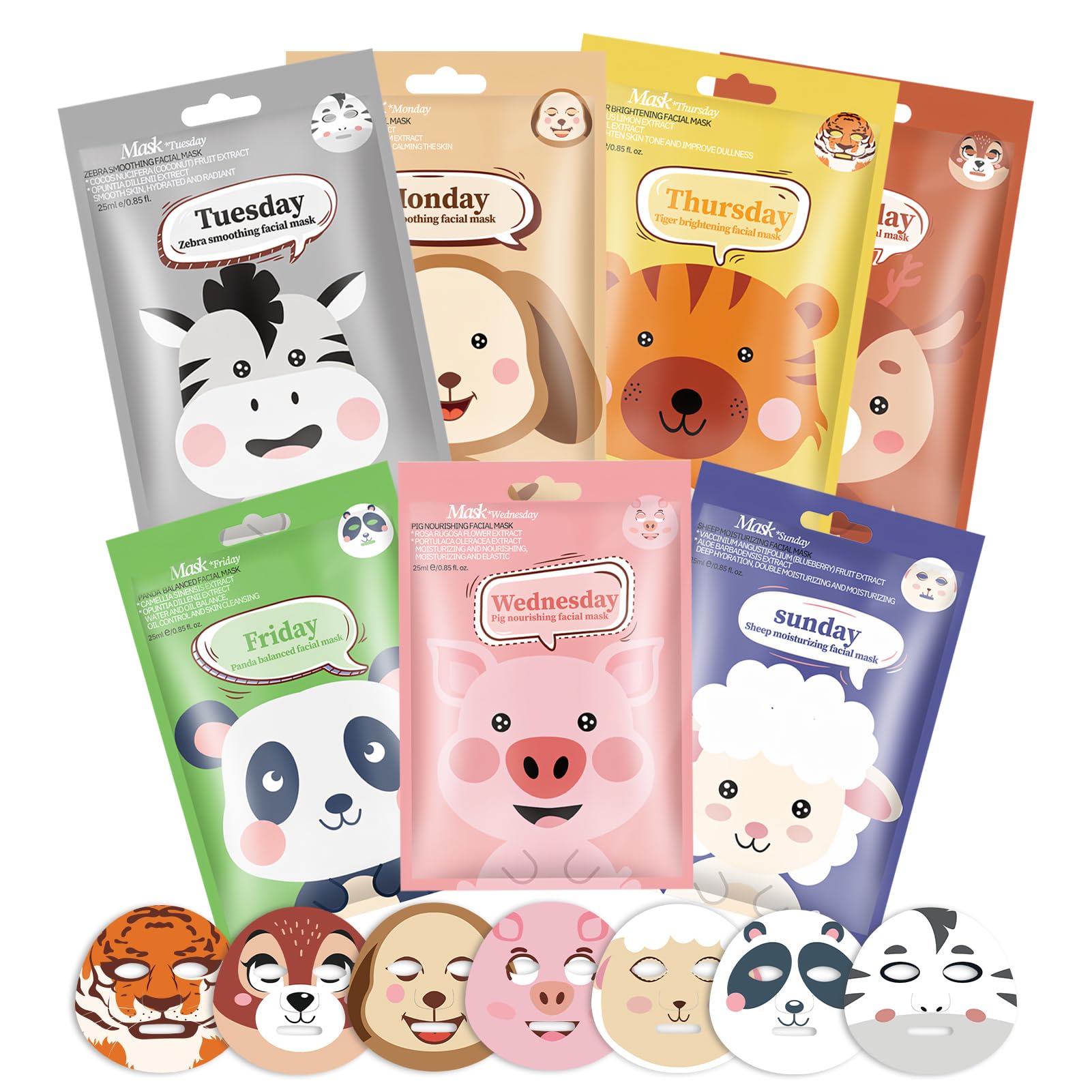 7er Set Gesichtsmasken Mit Tier-Print – Feuchtigkeitsspendend & Glättend Für Strahlende Haut – Spaß-Pflege Für Teenager