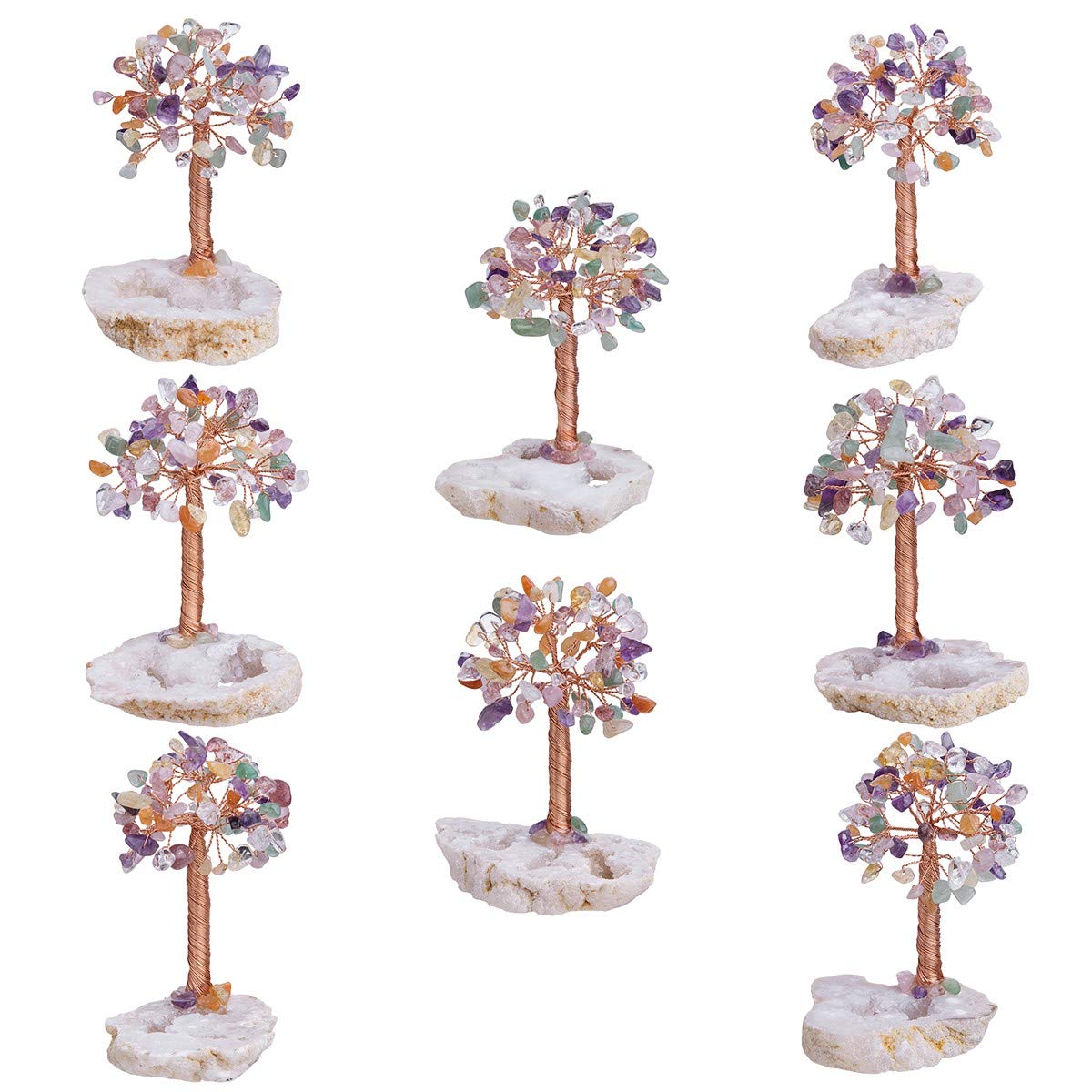 KYEYGWO Décoration Arbre de Vie en Pierre d'Énergie avec Boîte Noire, FengShui Figurine sur Base en Agate Naturelle Geode Quartz pour Reiki Chakra Guérison Fortune Richesse, 7 Chakras