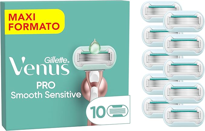 Gillette Venus Deluxe RASOIO DONNA Smooth Sensitive, 10 LAMETTE DONNA di Ricambio (da 5 Lame), per una Rasatura Fluida Profonda Duratura, con Striscia Idratante, Skin Cushion, idea regalo