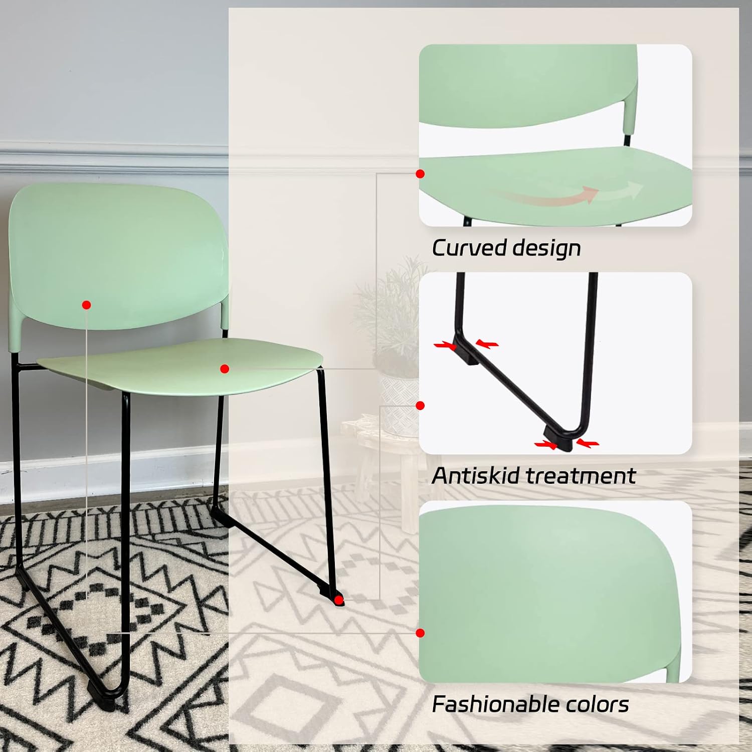 Modern Dining Chair Set of 4, Mid Century Nordic Style Side Chairs with Backrest and Sturdy Metal Legs, for Indoor Outdoor, Kitchen, Living, Dining Room, Bedroom, Conference, Matcha Green