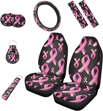 9 Pcs Pink Ribbon Car Seat Covers for Women, Breast Cancer Awareness Breathable Automotive Vehicle Seat Covers, Ribbons Oil Painting Cup Holder Pad Coaster