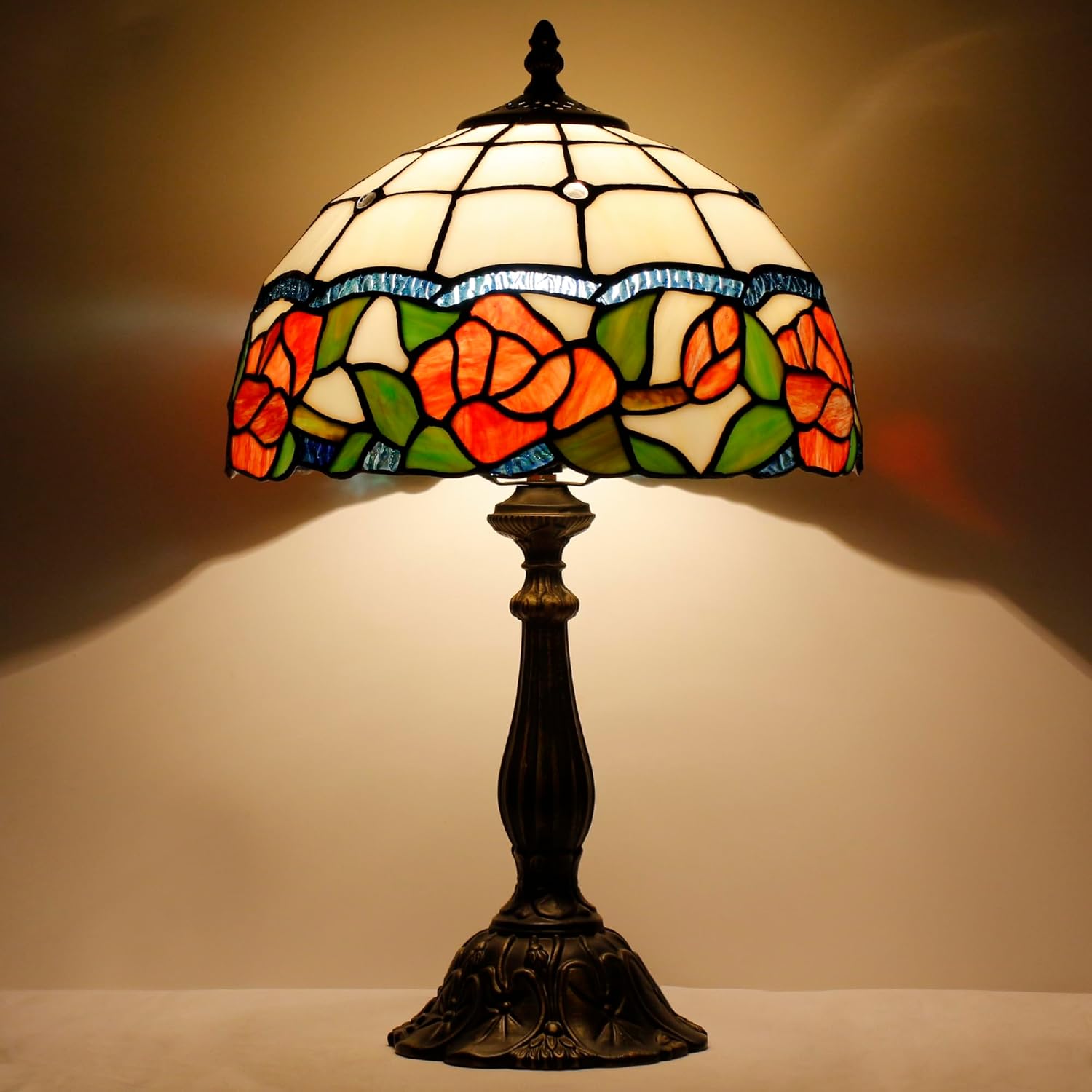 Tiffany Lamp Touch Control Table Lamp Red Rose Flower Style Stained Glass Desk Lamp 12X12X19 Inches Reading Light