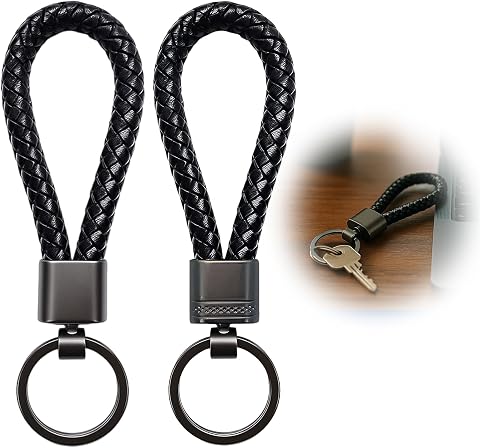 2 Piezas Llavero de Cuero Trenzado, Llaveros de Piel Trenzada, Llavero Coche, Hombres y Mujeres, Hogar, Coches, Motocicletas, Bicicletas (Negro)