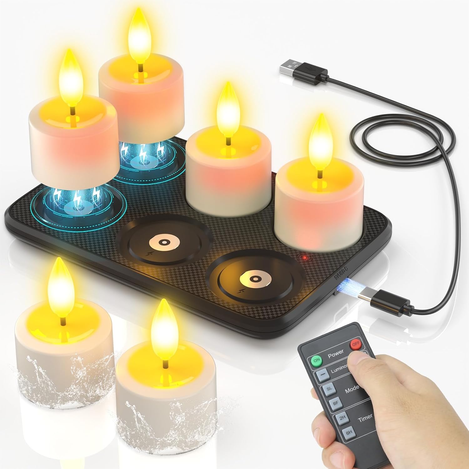 SoulBay Rechargeable LED Tea Lights, 6 Pack IP64 Waterproof Flameless Candles with Magnetic Charging Base & Remote, 100H Runtime Flickering Tealights for Outdoor Patio, Bathroom & Holiday Decor