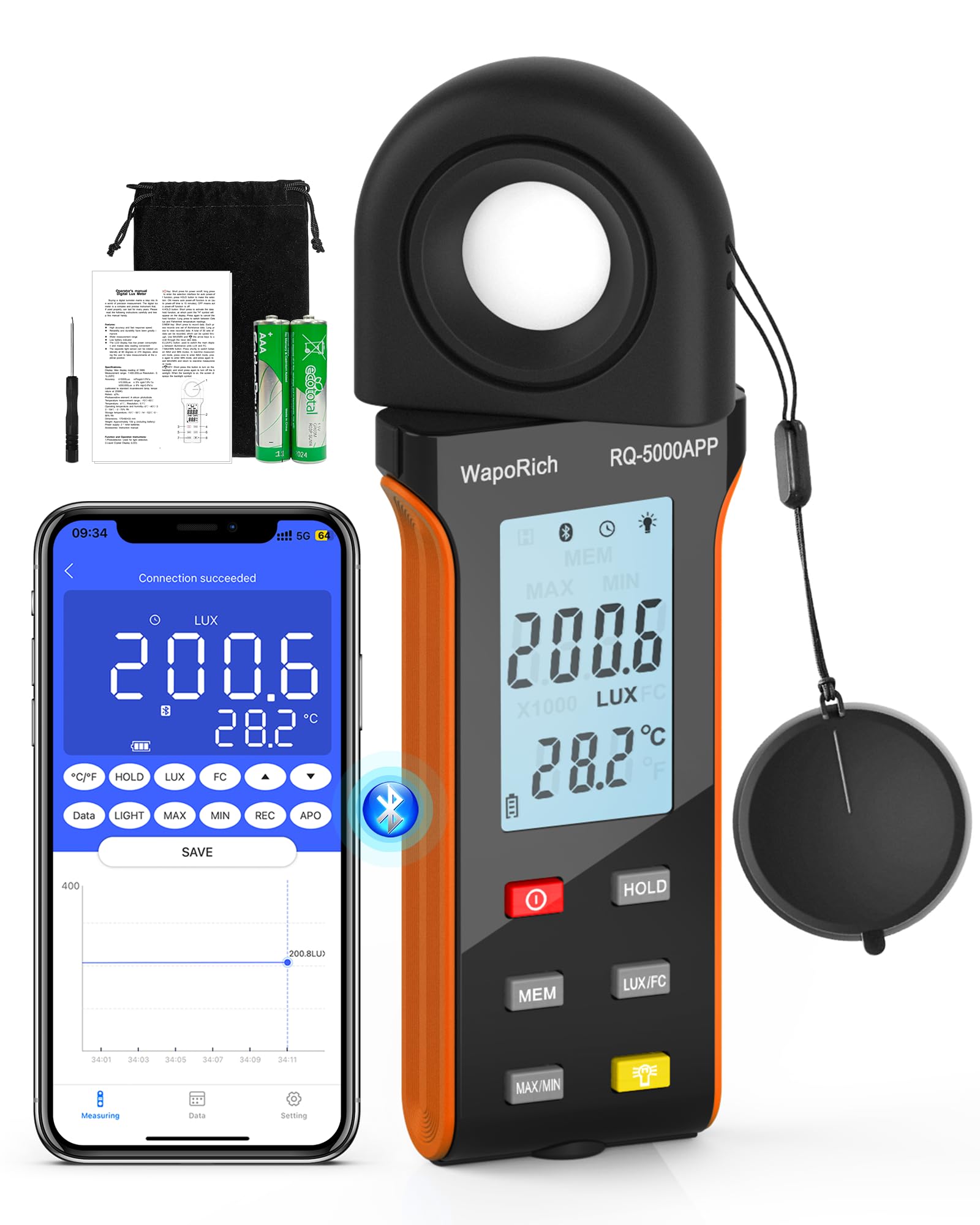 Luxometro Bluetooth Medidor de Iluminacion, WapoRich Medidor de Luz Digital 1~400.000 lux (1~40.000 FC) Luxómetro Portátil con Sensor Giratorio de 270º y Temp Ambiente (℃/℉) para Plantas RQ-5000APP
