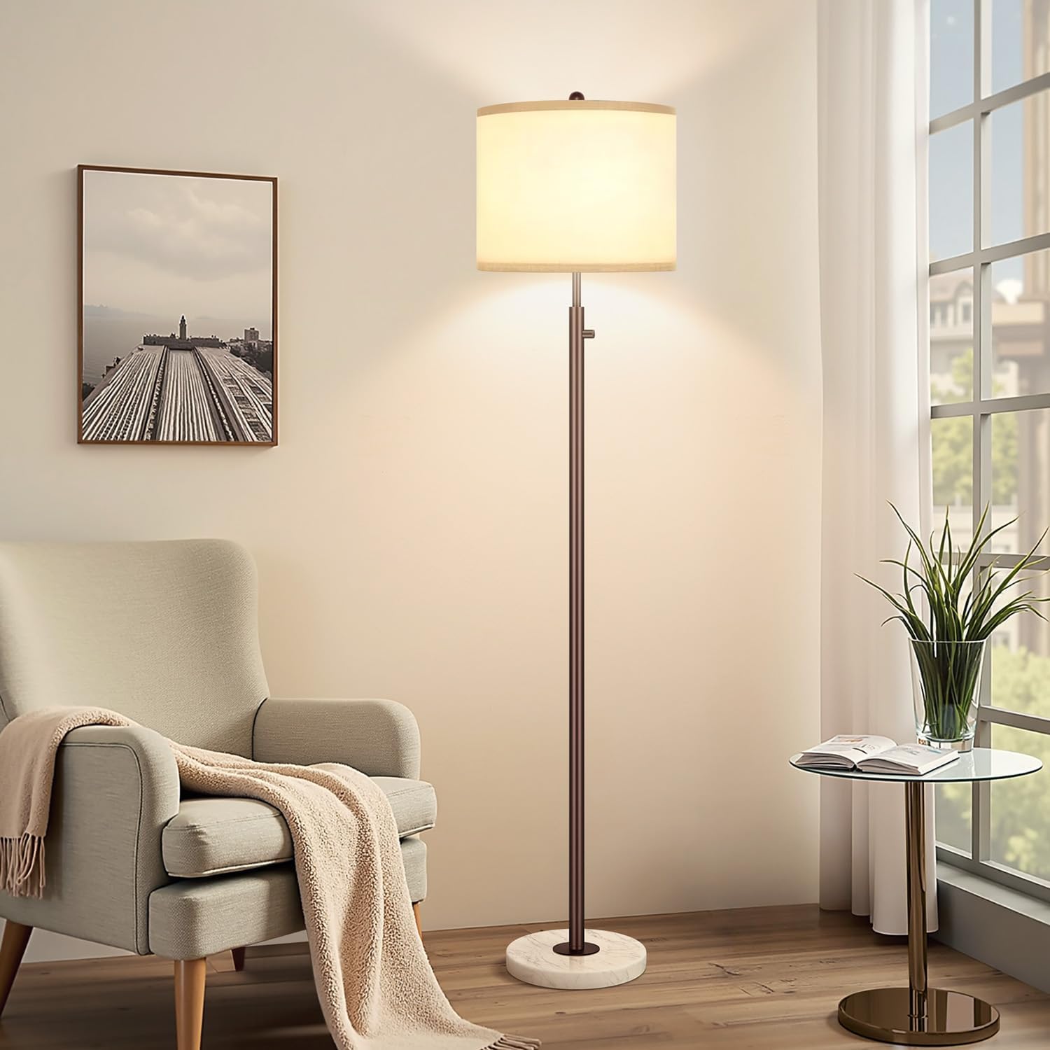 Nintiue 【Upgraded】 Dimmable Floor Lamp for Living Room, 11W LED Bulb Included, Modern Standing Lamp with Marble Base, Tall Pole Light with Linen Shade for Bedroom Reading Office Corner Nursery-Brown
