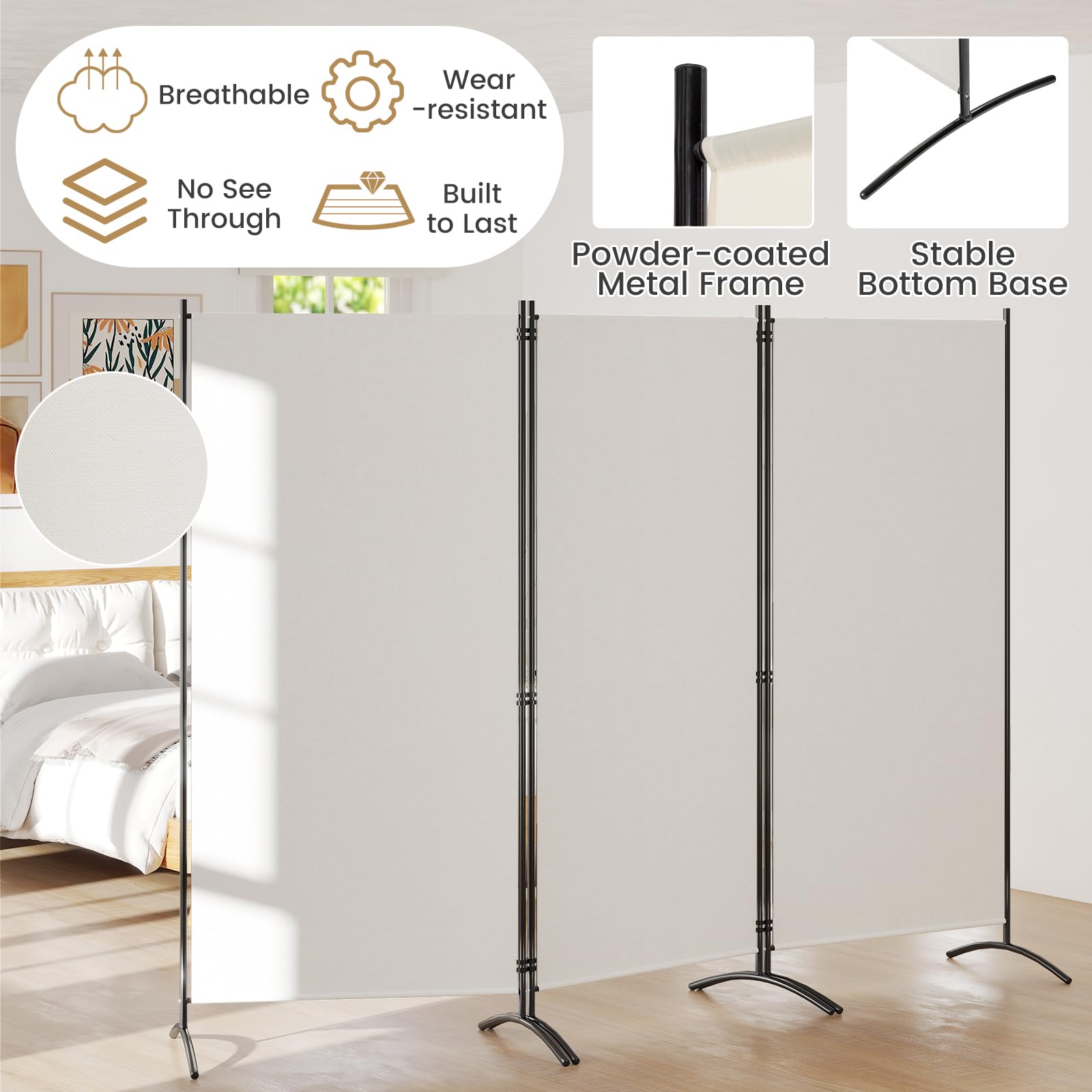 GIANTEX Biombo Plegable con 3 Paneles, Separador de Privacidad 260 x 183 cm, Divisor de Habitación Independiente con Patas, Biombo para Protección Privada (Blanco)