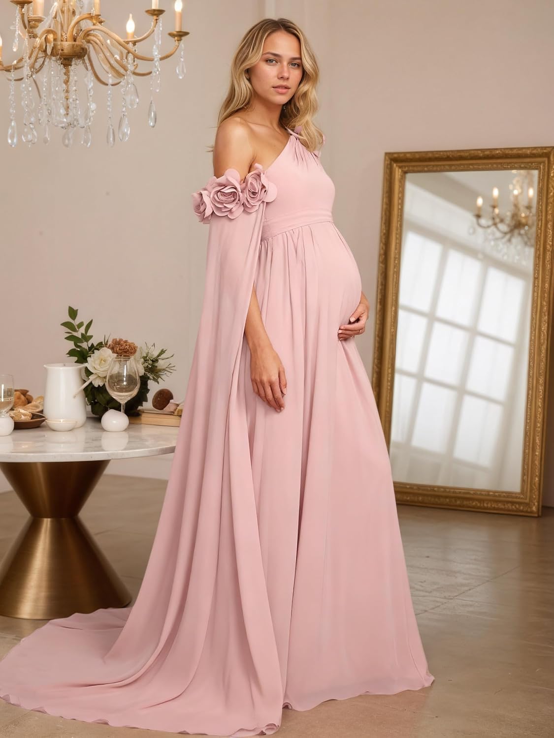 3D Flower Chiffon Maternity Dresses for Photoshoot with Cape Sleeve One Shoulder Baby Shower Dress Pregnancy Gown