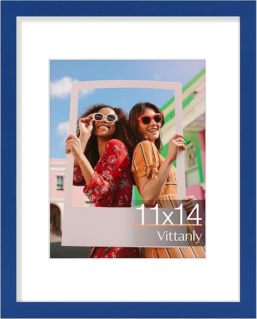 Vittanly 11x14 Picture Frame, Engineered Wood with Shatter Resistant Plexiglass, Display Pictures 8x10 with Mat or 11x14 without Mat, Photo Frame for Wall Mounting, Blue, 1 Pack