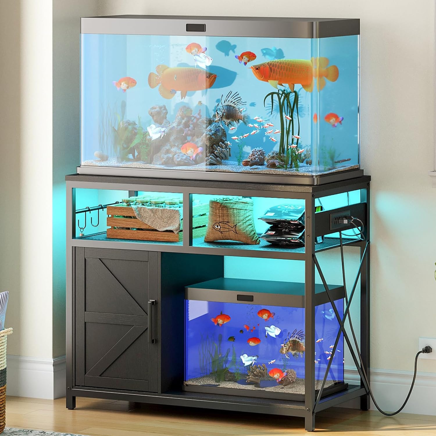 HOOBRO 40-50 Gallon Fish Tank Stand with Power Outlet and LED Light, Metal Frame Aquarium Stand with Cabinet Storage, for Reptile Turtle Tank, 440 LBS Capacity, 36.6'' L x 18.9'' W, Black BB93UDFT01