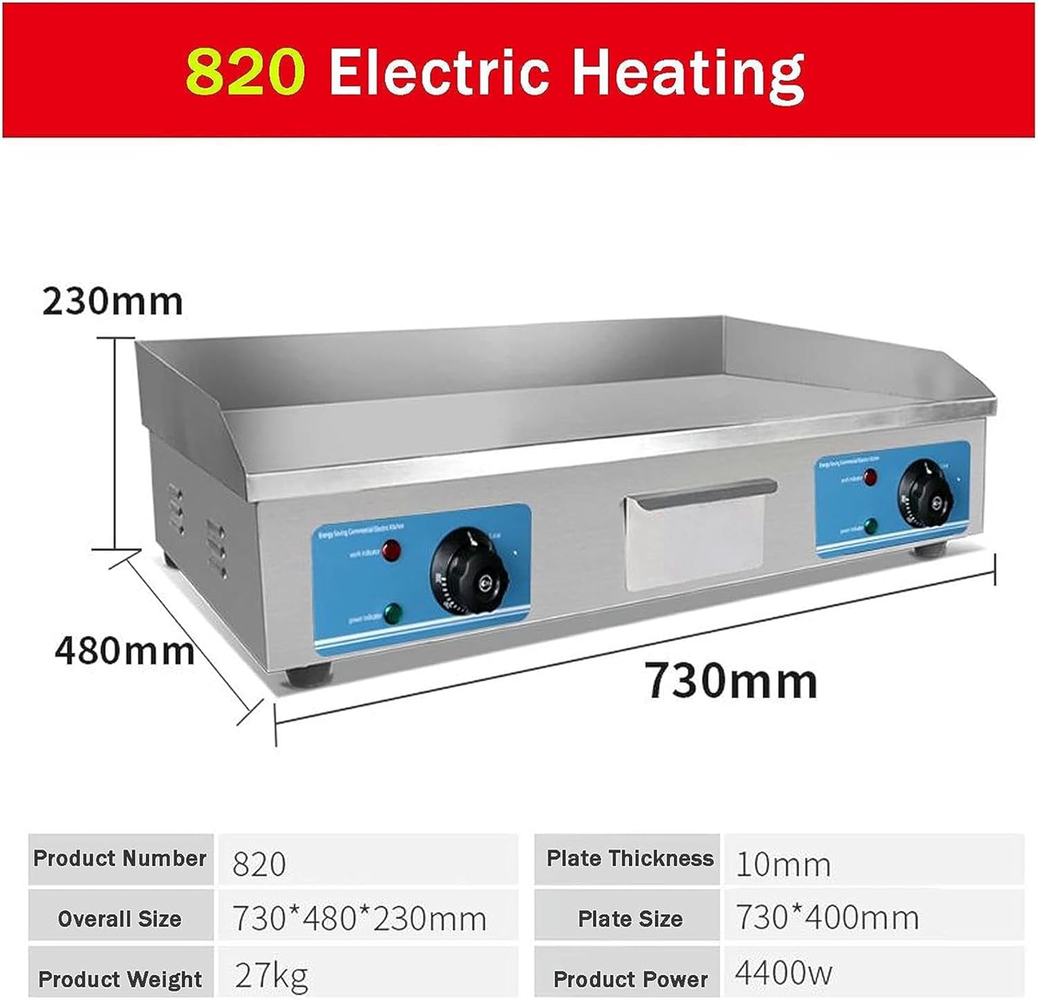 Electric Griddle Commercial Counter Top Flat Hotplate, Upgrade 10mm Cooking Surface Thick, BBQ Grill Barbecue Bacon Egg Fryer, 220-240V Efficient Nonstick Electric Griddle for Home Barbecue