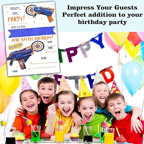 Miniatura 4 de Tarjetas de invitación para fiesta de cumpleaños, celebración de la fiesta de la guerra de dardos, pistola Nerf Battle suministros para fiesta de