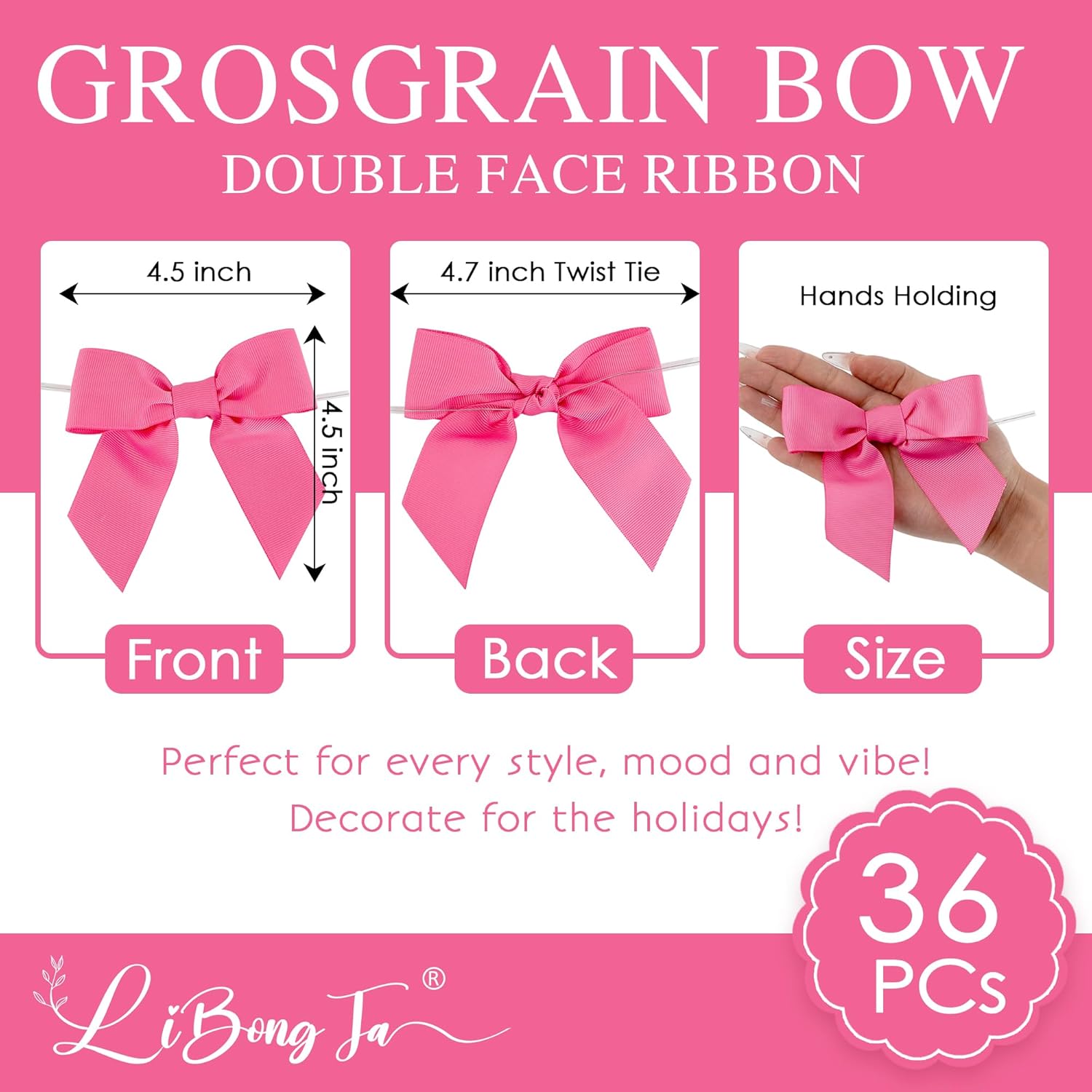 36 PCs 4.5 Inch Hot Pink Bow Grosgrain Ribbon Bows for Gift Wrapping, Gift Bows for Presents, Pink Bow Party Decorations, Twist Tie Bows for Baby Shower, Wedding, Easter, Birthday Party - Image 2