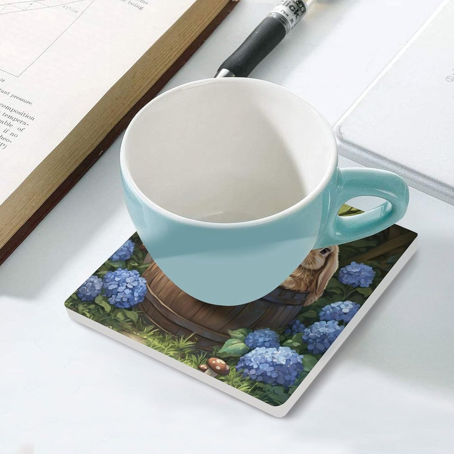 Cute Bunny Flowers Coasters for Drinks Square Ceramic Coasters Cup Mats with Cork Base