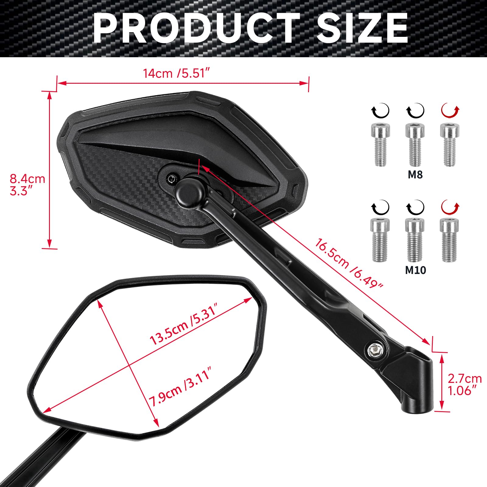 DREAMIZER Specchietto laterale per moto da 8mm e 10mm, Specchietti Retrovisori per moto Compatibili con XJ600 MT03 MT07 TMAX Z1000 Z750 CB250F CRF250 XL700 GSR600 VZR1800