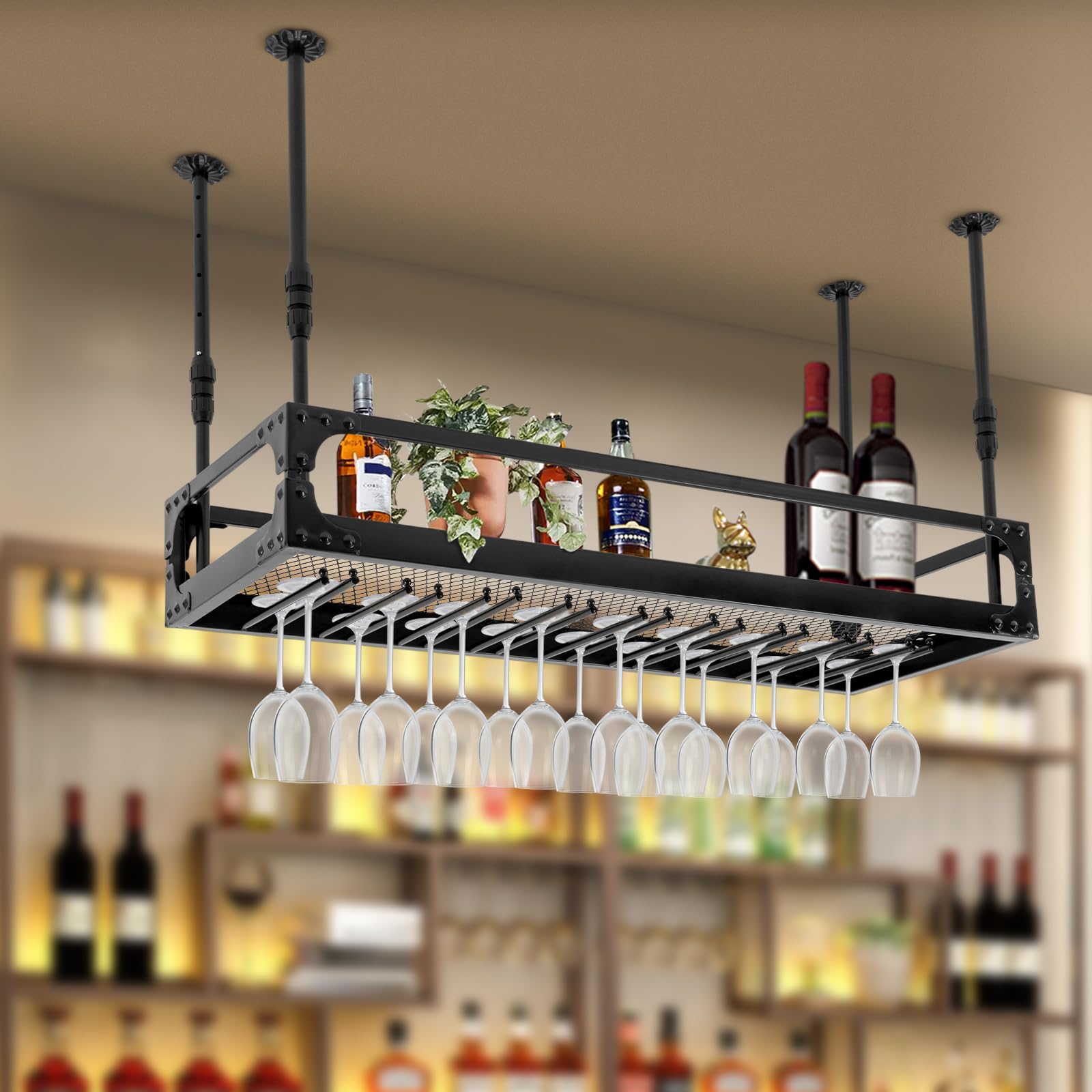 Estante de techo, estante para botellas de vino, soporte para botellas de vino, estante colgante retro de hierro, altura ajustable, estante colgante de hasta 50 kg, para bar, cafetería, cocina