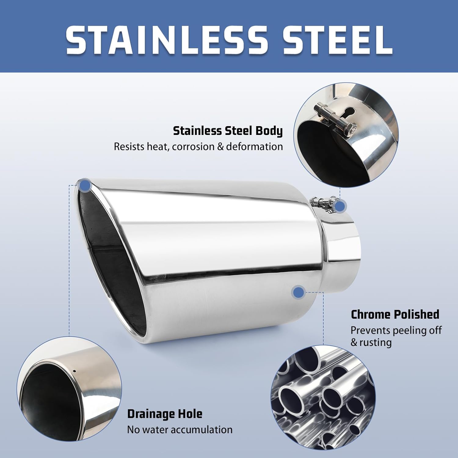 RP Remarkable Power, 5" Inlet 8" Outlet 15" Long Overall Length Stainless Steel Rolled Edge Diesel Exhaust Tip EXT37