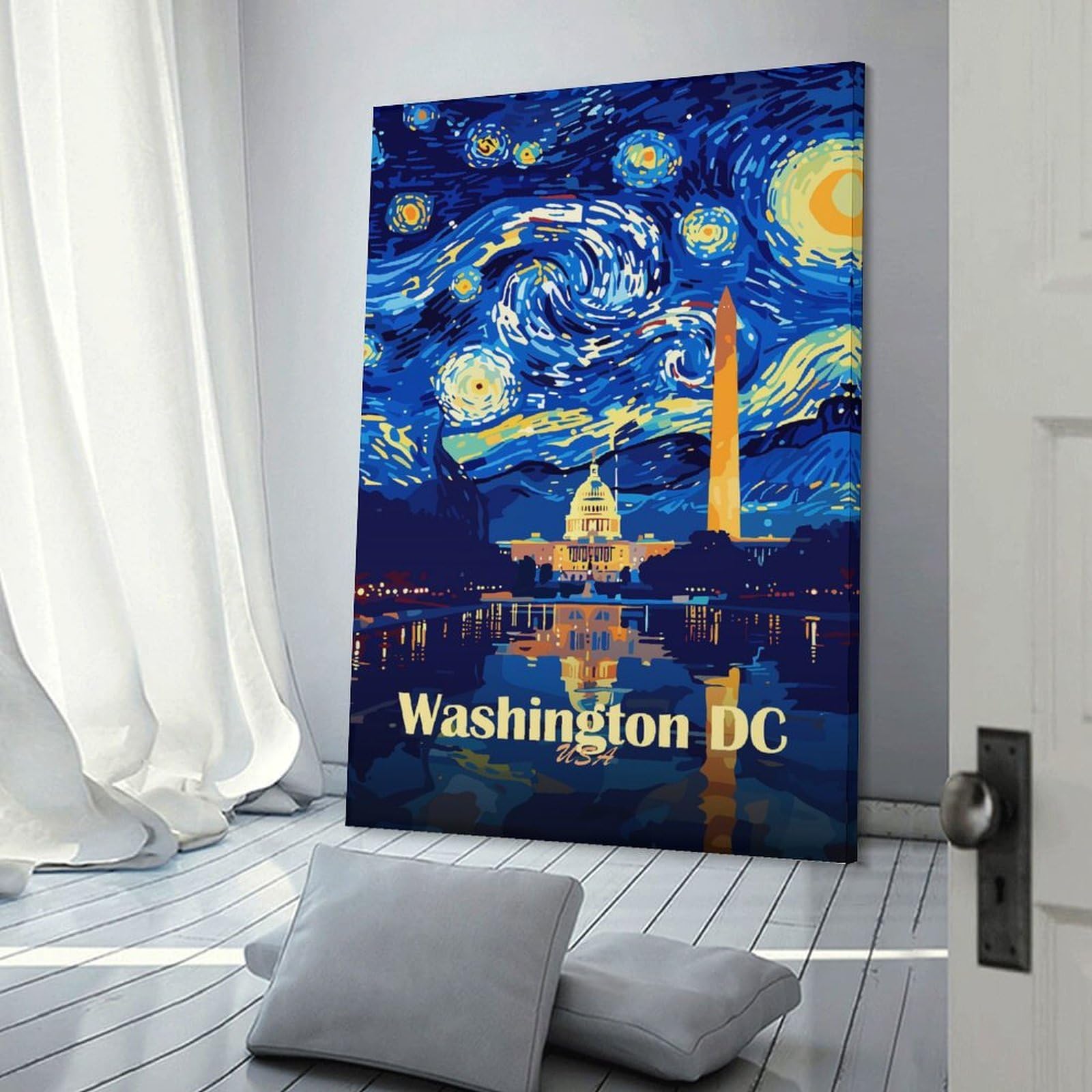 Junmoney Washington DC Starry Night Art Wall Art Print 16x24inch(40x60cm), for Lounge, Study, Hallway Or Flat Walls, Decorative Artwork with Broad Appeal