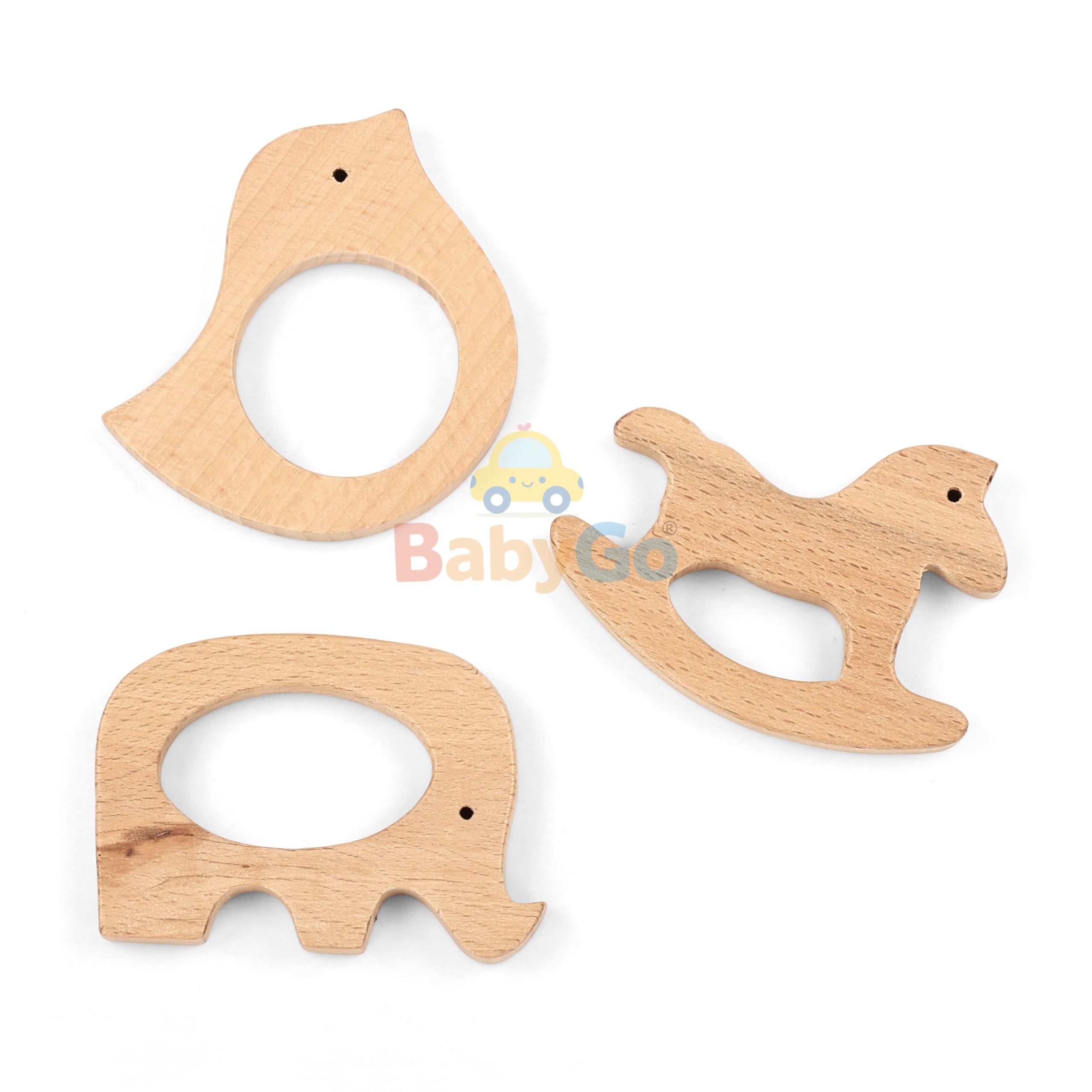 BabyGo Wooden Baby Teether Combo | Natural Beech Wood Animal Shape Toy, Handmade & Eco-Friendly | Safe & Gentle Gum Soother, Biodegradable Wooden Teething Relief Toys (Pack of 3) 1