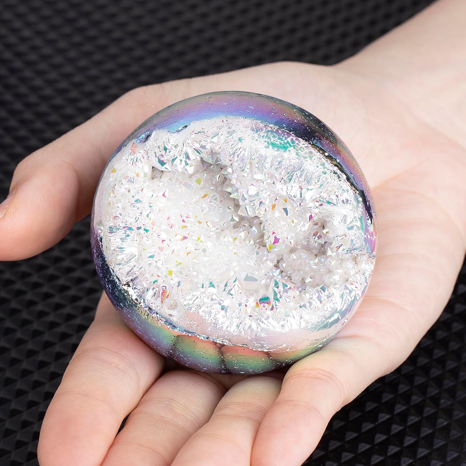 mookaitedecor Angel Aura Quartz Geode Sphere 61-70 mm, Natural Rock Crystal White Titanium Coated Crystal Ball with Stand for Divination Witchcraft Home Decor