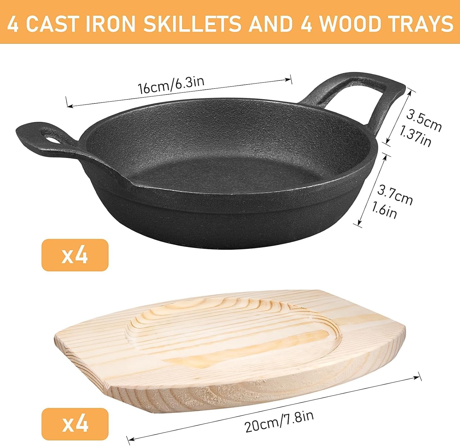 4 Sets Mini Cast Iron Skillets, Small Cast Iron Serving Plate with Wooden Base, Fajita Frying Pan Round Sizzler for Kitchen Outdoor and Indoor Baking Cooking (6 inch)