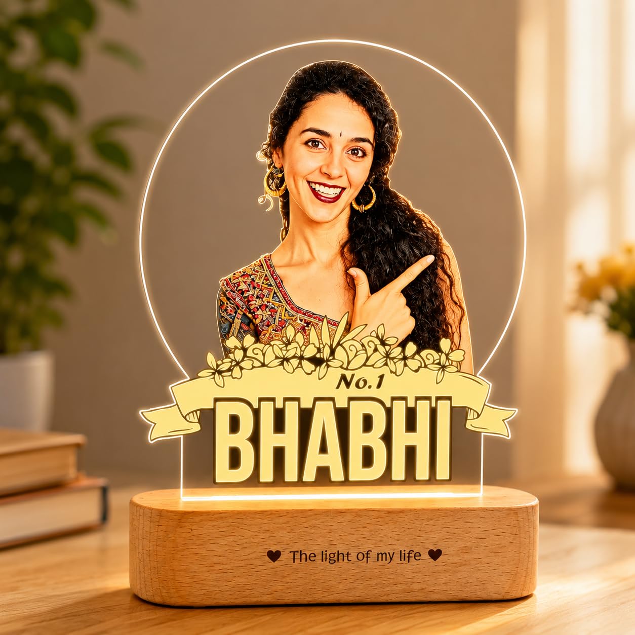 ZOCI VOCI Personalized Rakhi Gift - No. 1 Bhabhi Custom UV Printed LED Photo Lamp, Warm White Acrylic Night Lamp with Wooden Base, Customized Photo Gift for Sister-in-Law, Rakshabandhan Gifts-image-49