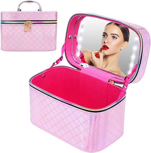 LeeWent Bolsa de maquillaje con espejo iluminado, organizador de maquillaje, espejo de tocador, bolsa de maquillaje de viaje, Rosado, Moda