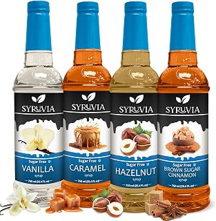 Syruvia Sugar-Free Coffee Syrup Variety Pack: Vanilla, Caramel, Hazelnut, Brown Sugar Cinnamon - Keto, Gluten-Free, Kosher 25.4oz Bottles
