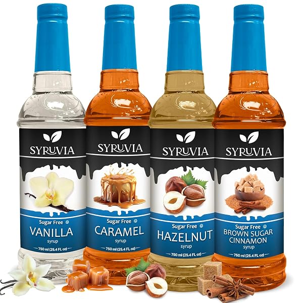 Syruvia Sugar Free Coffee Syrup Variety Pack: Vanilla, Caramel, Hazelnut, and Brown Sugar Cinnamon - Gluten-Free, Kosher