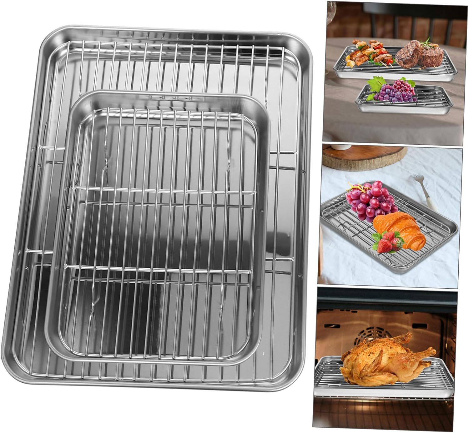 Alipis 2pcs Stainless Steel Baking Sheets Drain Pans Set with Cooling Rack Kitchen Trays for Fruits Vegetables Easy Clean Space-saving