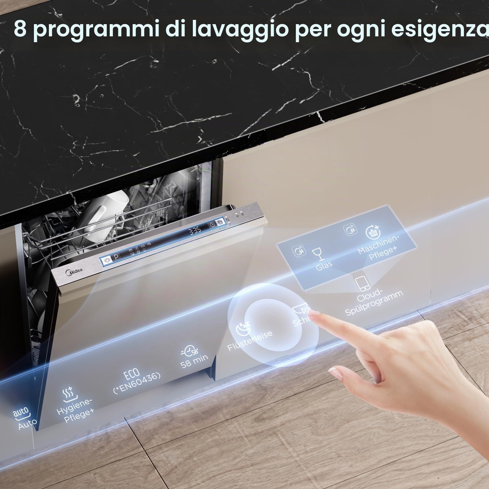 Midea SV 5.14K10C - Lavastoviglie completamente integrata 45 cm, 10 soffitti a misura, lavabile in lavastoviglie con WiFi, 8 programmi, 44 dB, apertura automatica della porta, 0-24H, in acciaio inox