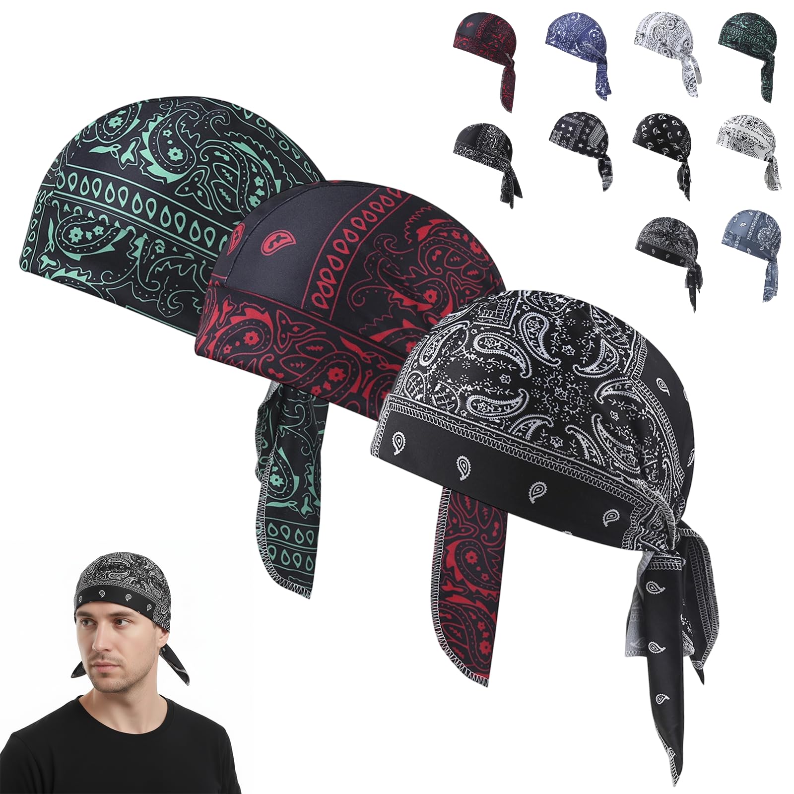 Elastic Cycling Sports Cap, Paisley Cooling Headscarf Bandana Beanie, Breathable Sweat Wicking Pirate Head Wrap, Motorcycle Helmet Liner for Running & Workout, Men & Women (R)