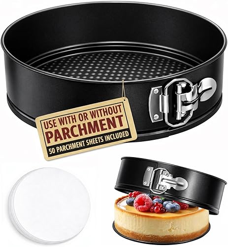 Tellshun - Molde para pastel de 8 pulgadas con revestimiento antiadherente, juego de 50 papeles de pergamino, molde para tarta de queso con fondo