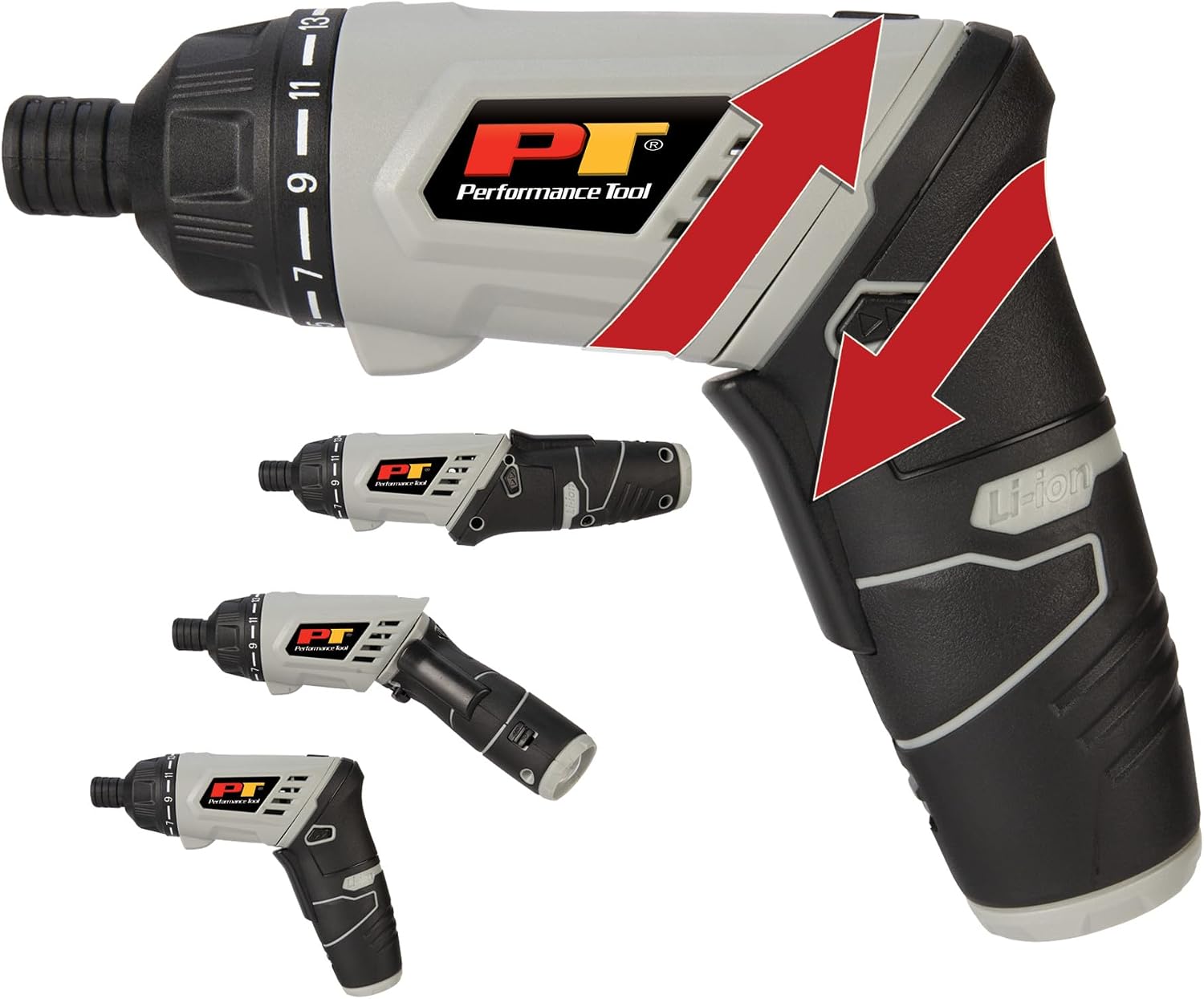 Performance Tool W1562 3.6V Rechargeable Electric Screwdriver Set | Two-position swivel handle. 1/4-in. rapid change chuck. 15+1 clutch. Built-in 120 lm flashlight. Includes 50 bits