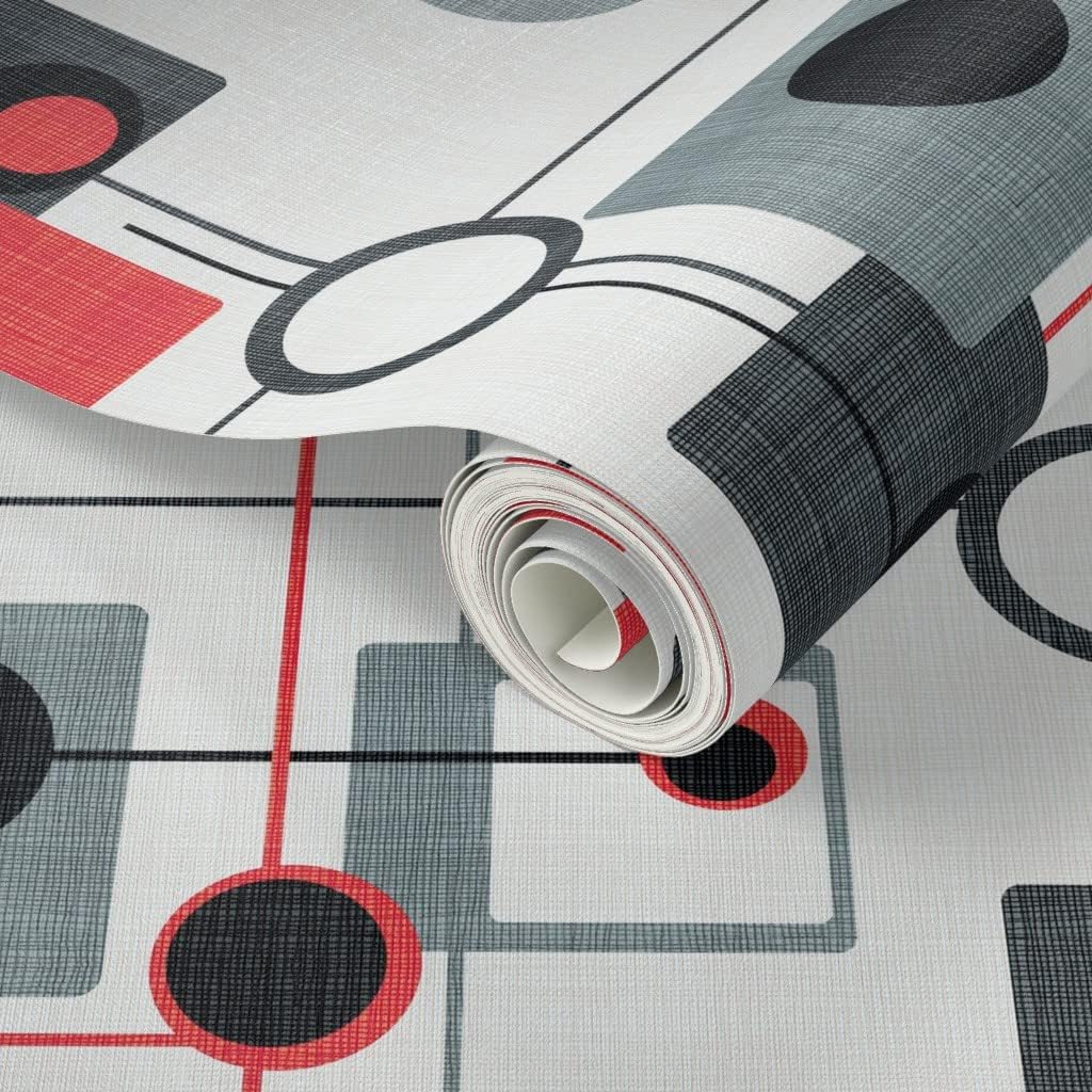 Peel & Stick Wallpaper Swatch - Orbs Squares Red Black White Vintage Retro Grey Modern Custom Removable Wallpaper by Spoonflower
