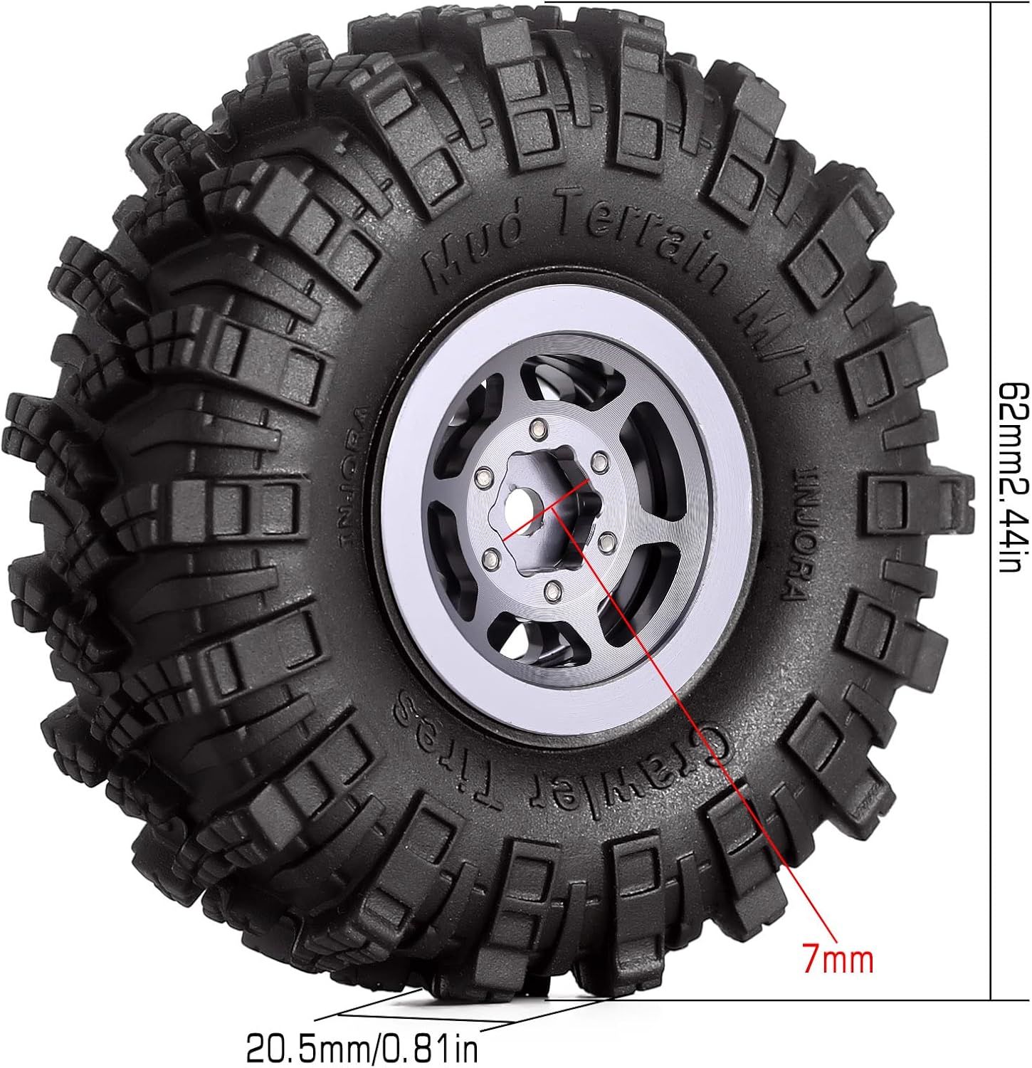 INJORA 1.0 Tires Crawler Mud Terrain Tires for SCX24 TRX4M A24 Axial 1/24 1/18 Crawler Upgrade Parts (Black&Grey)
