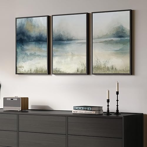 Framed Abstract Landscape Wall Art, 3 Piece Blue Watercolor Canvas