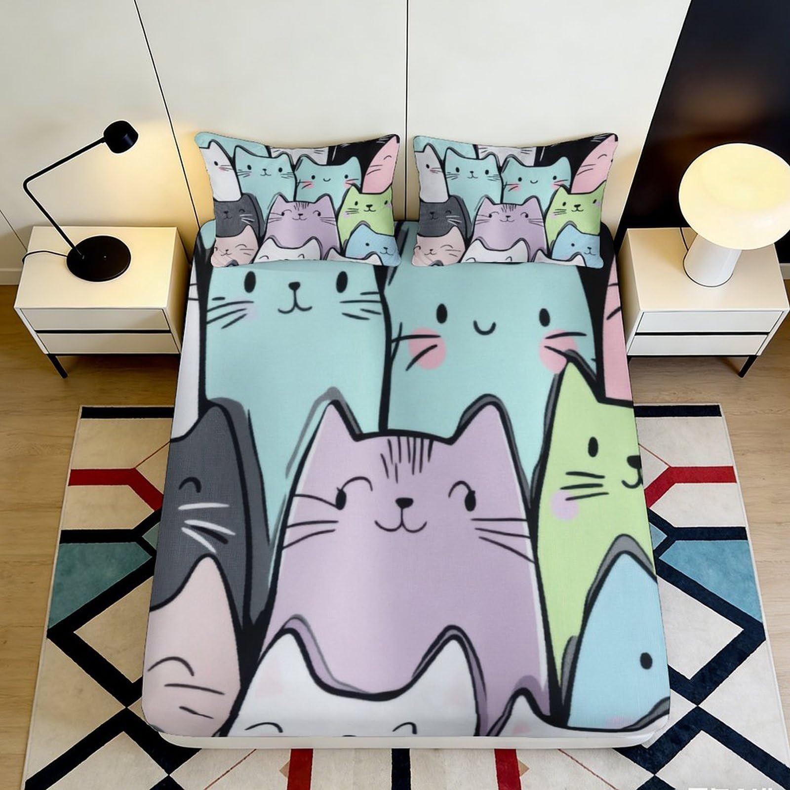 3D Printed Cartoon Cat Fitted Sheet Microfiber Pastel Animal Mattress Cover for Bedroom Dorm Easy Care Decor 90x200x25cm
