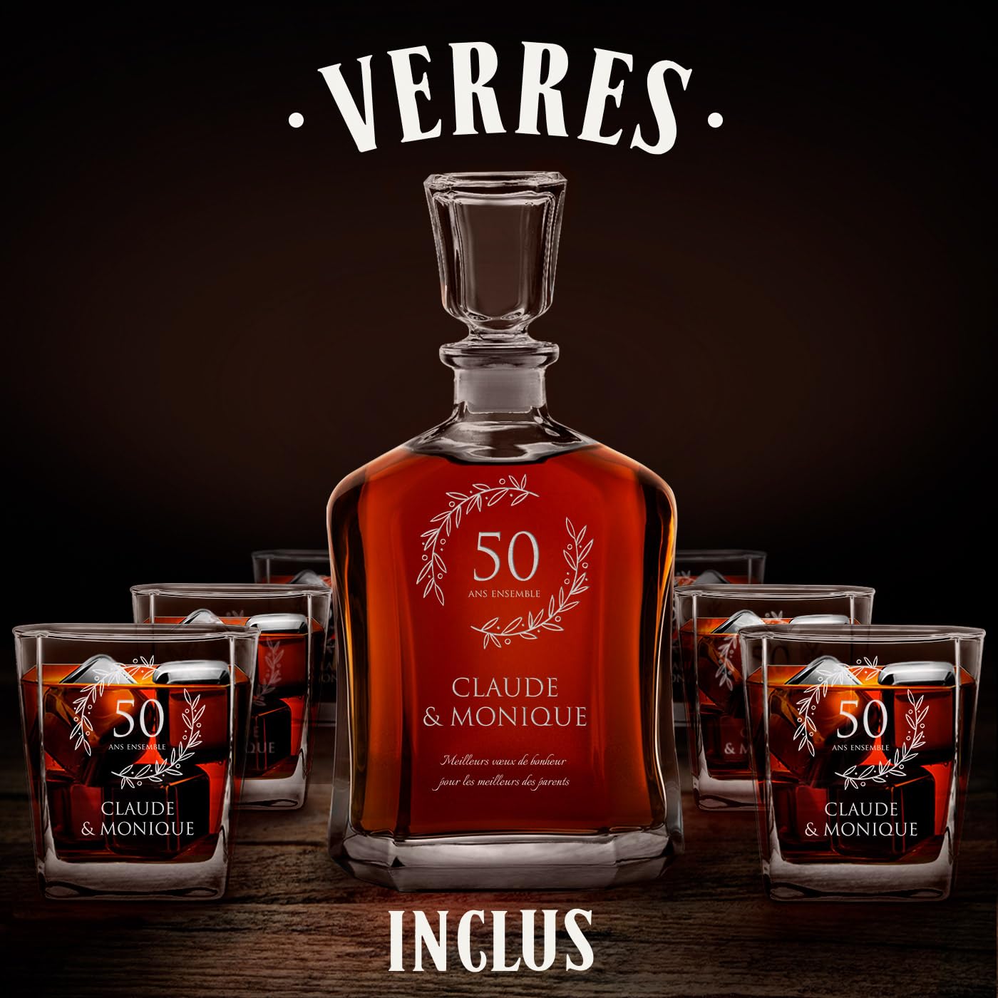Maverton Ensemble de Carafe en Verre Personnalisé a Whisky Rhum Cognac Avec 6 Verres a Whisky Gravés Cadeau Personnalisé Couple - 700 ml Service Universel Verre a Whisky et Carafe - Ensemble
