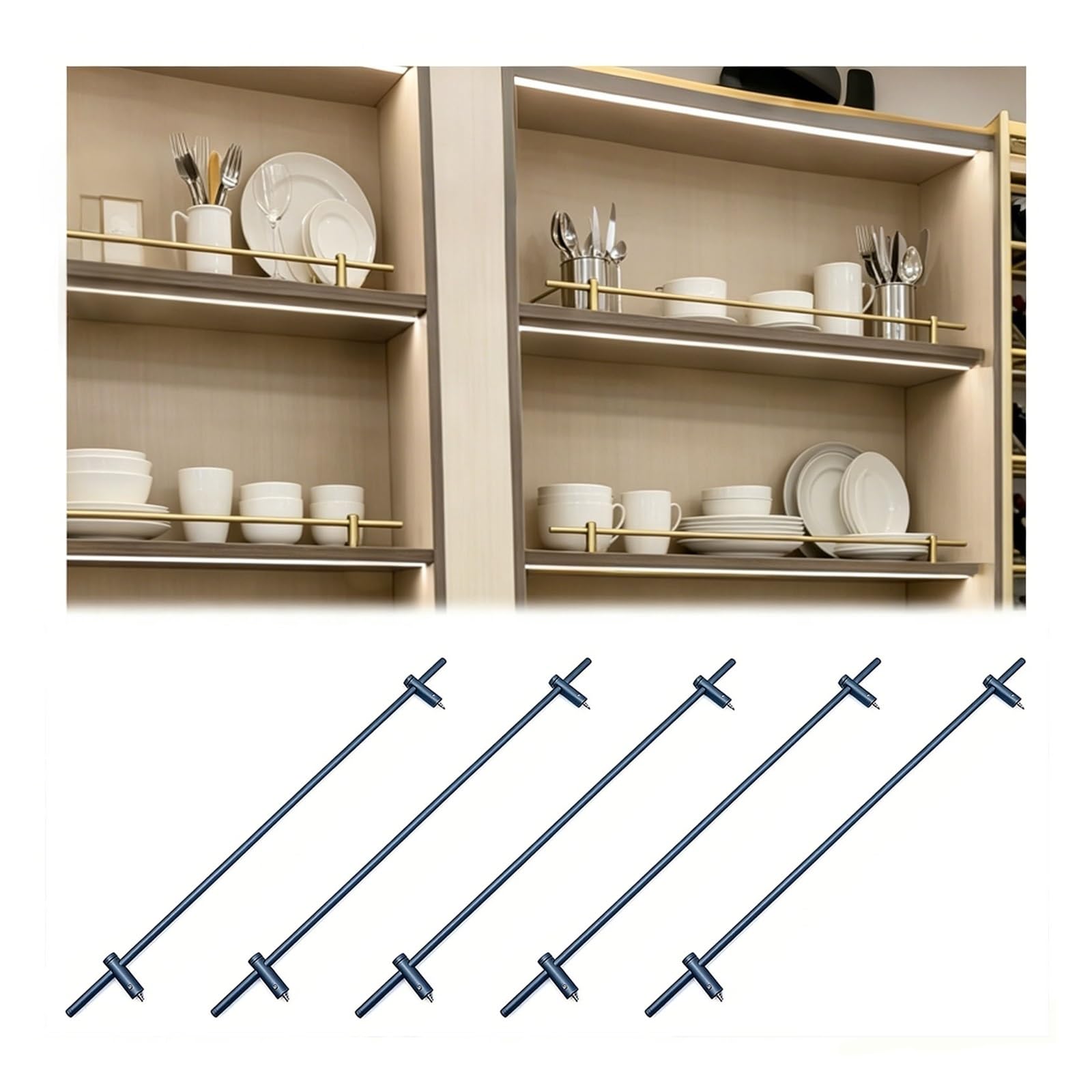 Tyzlup Grey Kitchen Cabinet Shelf Guard Rail, 5 Pcs Aluminum Alloy Round-Tube Guardrail, Metal Decorator Guard Railing Bar For Pantry, Retail Shelf, Bookcase(Gray,66Cm(26In))