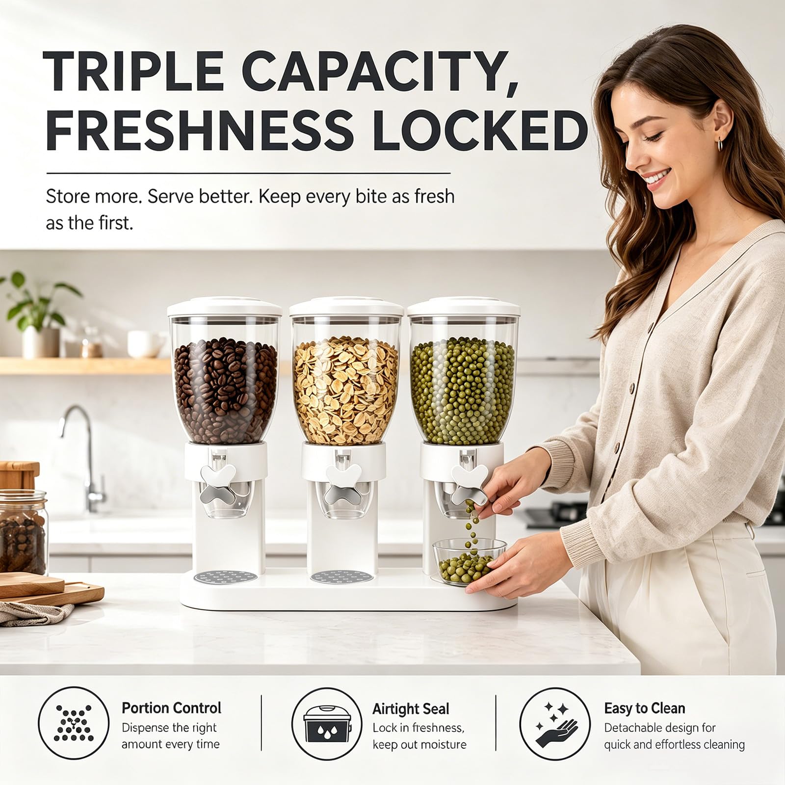 Cereal Dispenser Countertop, 2L Lebensmittelspender, Müslispender Luftdichte Behälter für Müsli, Reis, Körner, Süßigkeiten, Kaffebohnen, 29x35x16cm Cornflakes Spender&süßstoffspender (Weiß Triple)
