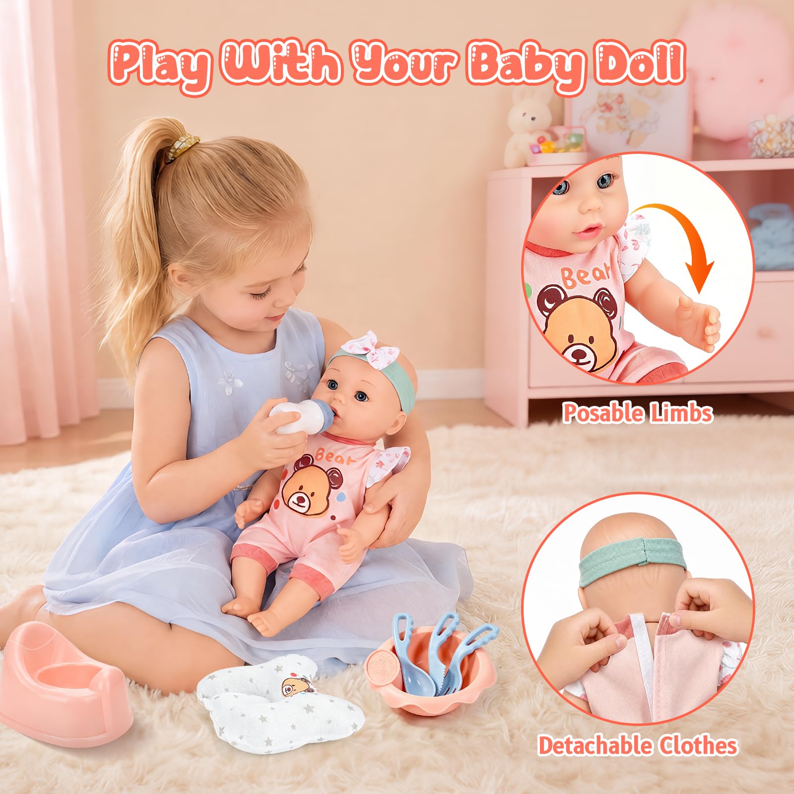 deAO Bambola con Accessori, Lettino e Seggiolone, Rosa | 30 cm Set di Giocattoli per Bambole con Giunture Mobili per Giochi di Ruolo e Regalo Bambini 3+