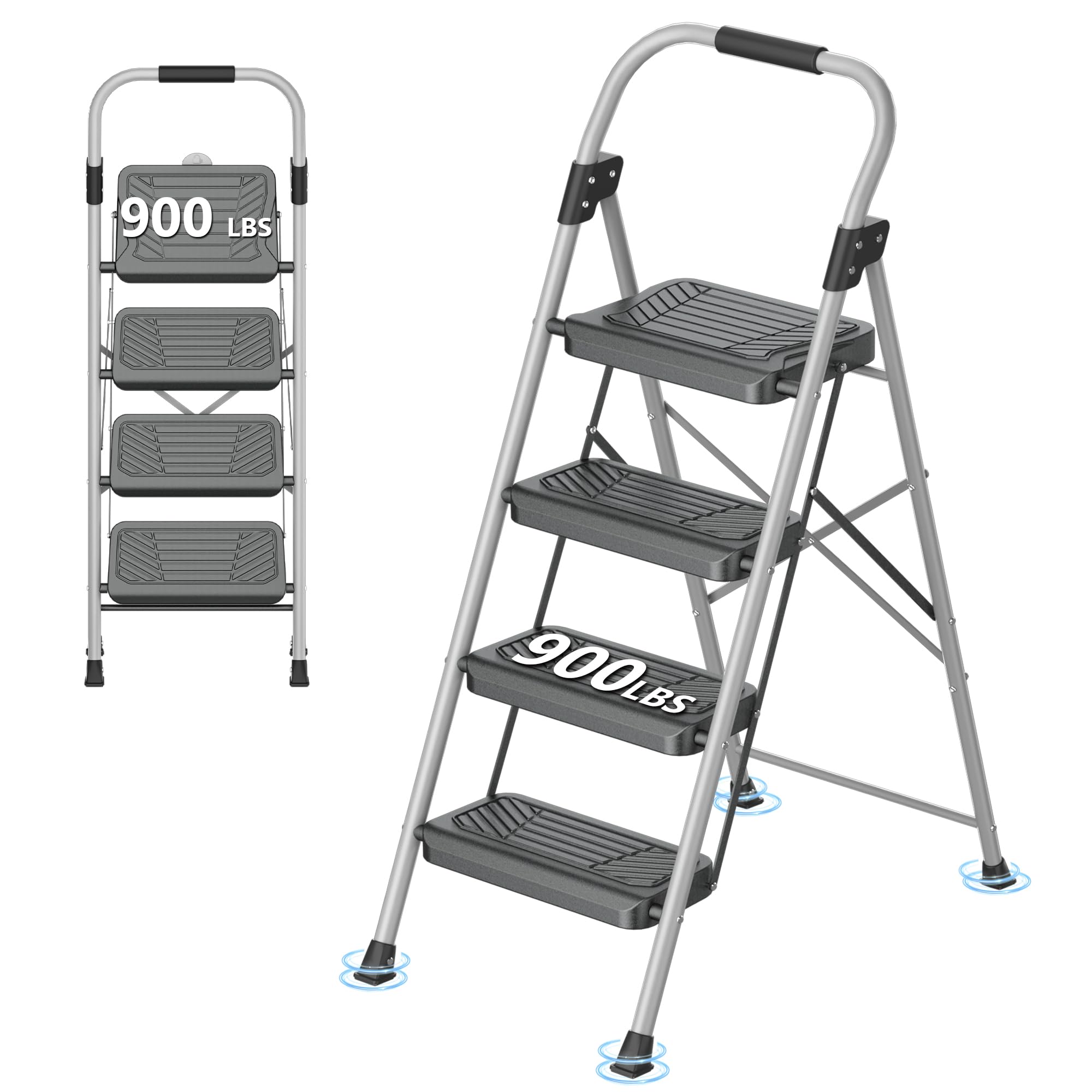 DIAMONDFORGE 4 Step Ladder, Folding Step Stool with Anti-Slip Wide Pedal, Soft Handle, Anti-Slip Feet, Sturdiest Steel Construction, 900lbs Capacity Steel Ladder for Home and Office, GrayBlack