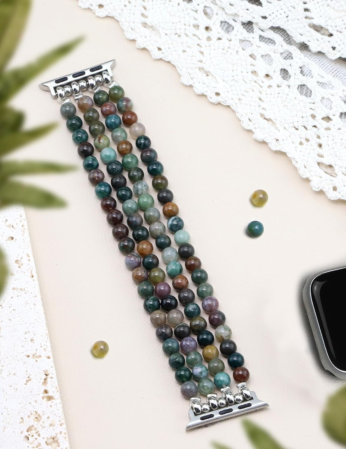 JR.DM Natural Stone Beaded Bracelet Bands for Women Compatible with Apple Watch 40mm 41mm 38mm 42mm(S10/11) Comfort Cool Elastic Strap Replacement for iWatch Series 11/10/9/8/SE/7/6/5/4/3/2/1 - Image 3