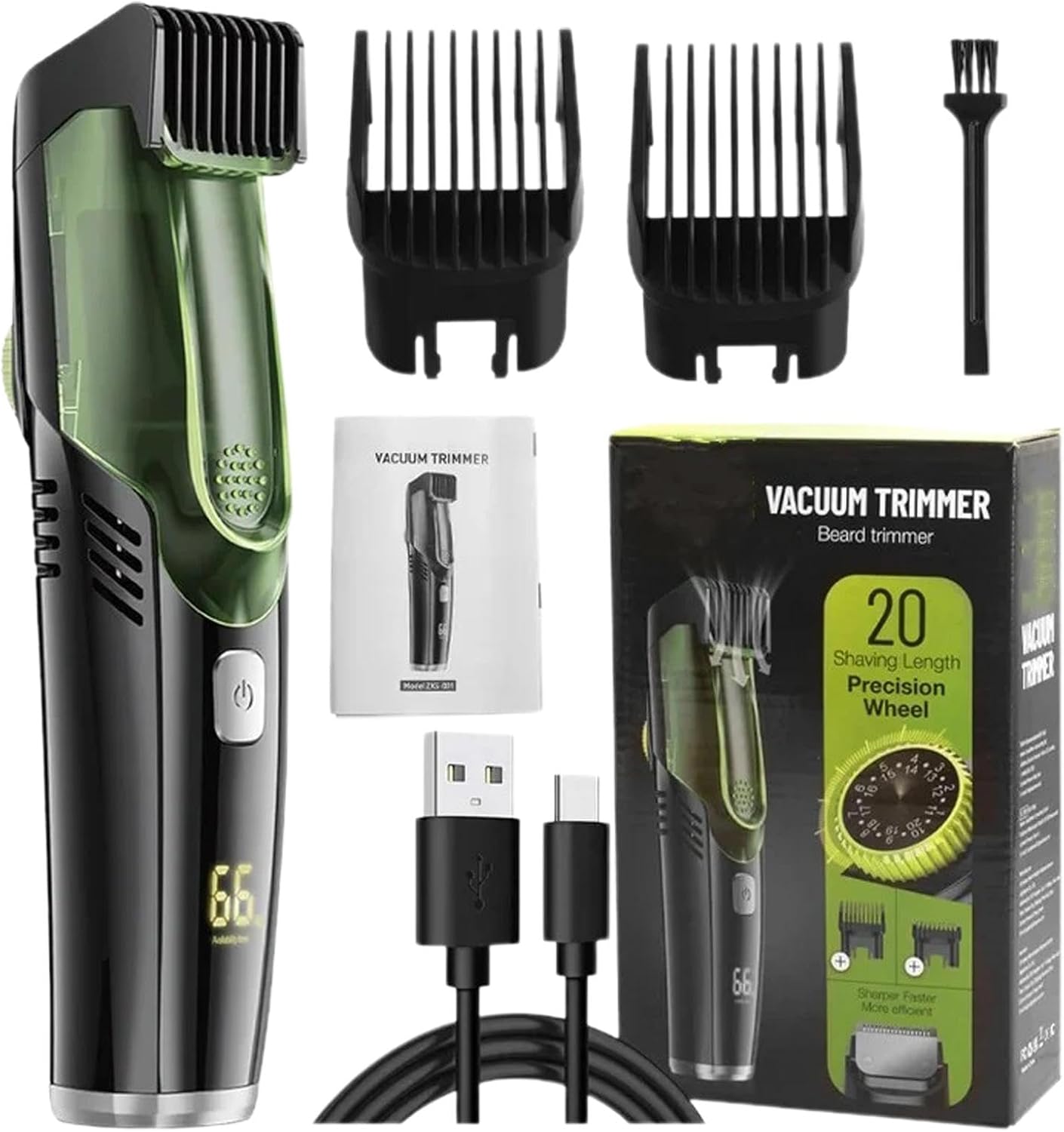 Vacuum Beard Trimmer for Men, IPX6 Waterproof Beard Clipper, 8000 RPM Low-Noise Trimmer with 2 Combs, Rechargeable Razor for Mustache, Sideburns, Facial Hair