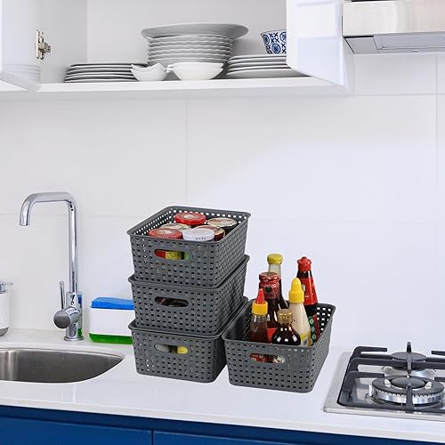 Miniatura 6 de Paquete de 6 cestas pequeñas de plástico, cesta de almacenamiento tejida con tapa, apilable, color gris